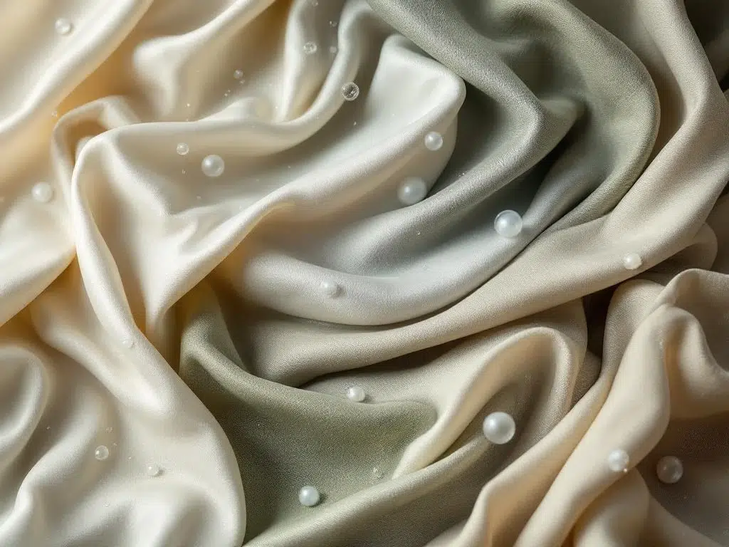 Luxe gordijnstoffen in zijde, katoen, linnen en fluweel met wasverzorgingssymbolen en zeepbellen in warme tinten