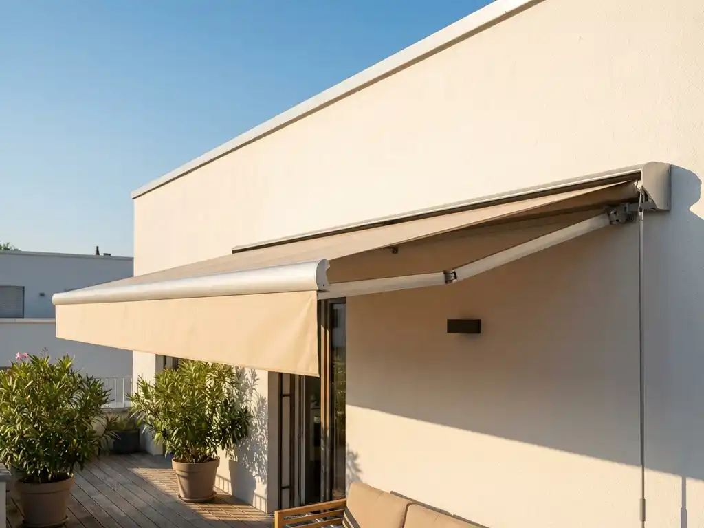 Moderne uitschuifbare zonwering met beige doek gemonteerd op witte gevel boven zonnig terras